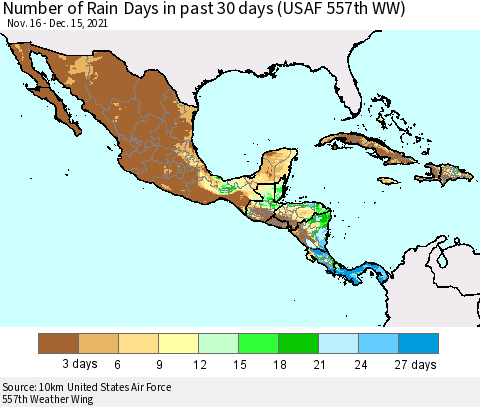 Mexico Central America and the Caribbean Number of Rain Days in past 30 days (USAF 557th WW) 12/15/2021 Thematic Map For 12/11/2021 - 12/15/2021