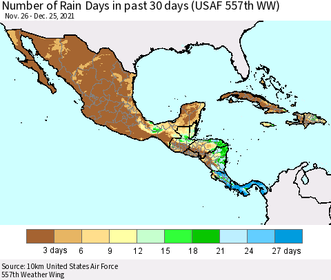 Mexico Central America and the Caribbean Number of Rain Days in past 30 days (USAF 557th WW) 12/25/2021 Thematic Map For 12/21/2021 - 12/25/2021