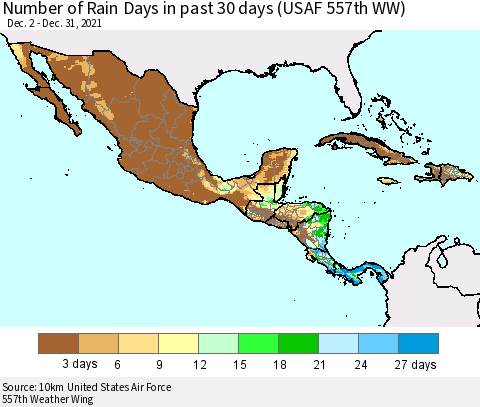 Mexico Central America and the Caribbean Number of Rain Days in past 30 days (USAF 557th WW) 12/31/2021 Thematic Map For 12/26/2021 - 12/31/2021