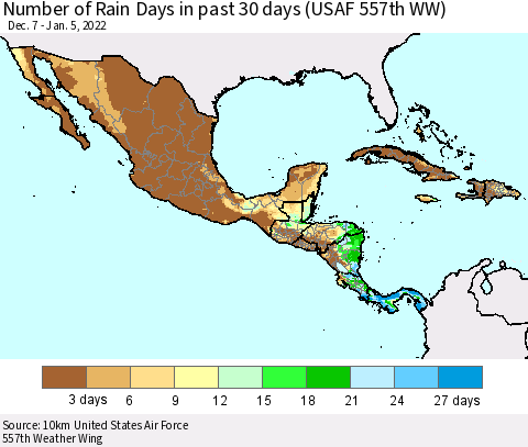 Mexico Central America and the Caribbean Number of Rain Days in past 30 days (USAF 557th WW) 01/05/2022 Thematic Map For 1/1/2022 - 1/5/2022