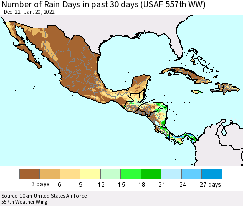 Mexico Central America and the Caribbean Number of Rain Days in past 30 days (USAF 557th WW) 01/20/2022 Thematic Map For 1/16/2022 - 1/20/2022