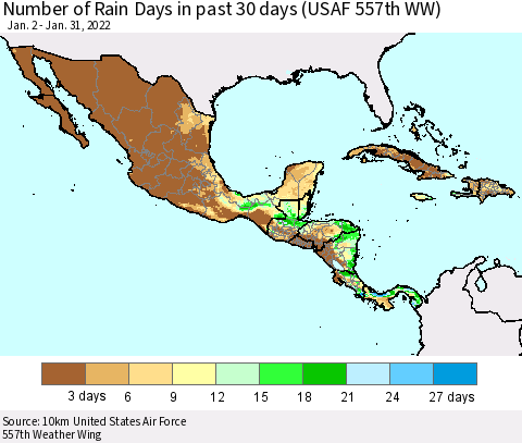 Mexico Central America and the Caribbean Number of Rain Days in past 30 days (USAF 557th WW) 01/31/2022 Thematic Map For 1/26/2022 - 1/31/2022