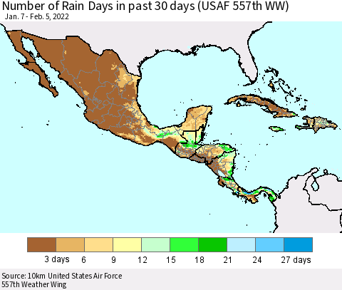 Mexico Central America and the Caribbean Number of Rain Days in past 30 days (USAF 557th WW) 02/05/2022 Thematic Map For 2/1/2022 - 2/5/2022