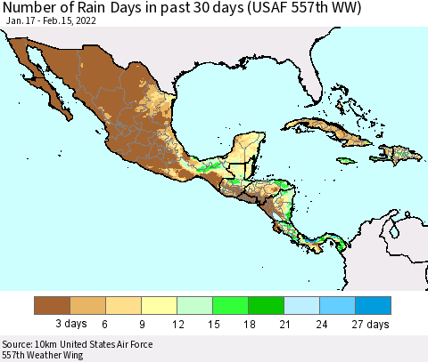 Mexico Central America and the Caribbean Number of Rain Days in past 30 days (USAF 557th WW) 02/15/2022 Thematic Map For 2/11/2022 - 2/15/2022