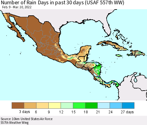 Mexico Central America and the Caribbean Number of Rain Days in past 30 days (USAF 557th WW) 03/10/2022 Thematic Map For 3/6/2022 - 3/10/2022