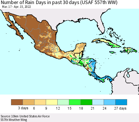 Mexico Central America and the Caribbean Number of Rain Days in past 30 days (USAF 557th WW) 04/15/2022 Thematic Map For 4/11/2022 - 4/15/2022