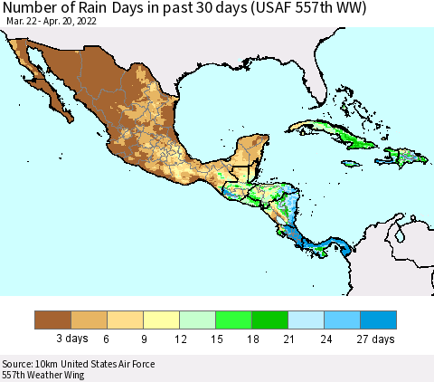 Mexico Central America and the Caribbean Number of Rain Days in past 30 days (USAF 557th WW) 04/20/2022 Thematic Map For 4/16/2022 - 4/20/2022