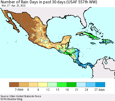 Mexico Central America and the Caribbean Number of Rain Days in past 30 days (USAF 557th WW) 04/25/2022 Thematic Map For 4/21/2022 - 4/25/2022