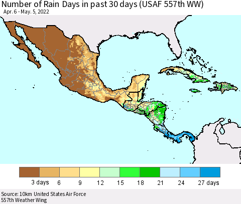 Mexico Central America and the Caribbean Number of Rain Days in past 30 days (USAF 557th WW) 05/05/2022 Thematic Map For 5/1/2022 - 5/5/2022
