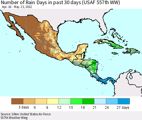 Mexico Central America and the Caribbean Number of Rain Days in past 30 days (USAF 557th WW) 05/15/2022 Thematic Map For 5/11/2022 - 5/15/2022