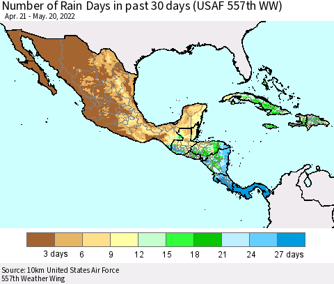 Mexico Central America and the Caribbean Number of Rain Days in past 30 days (USAF 557th WW) 05/20/2022 Thematic Map For 5/16/2022 - 5/20/2022