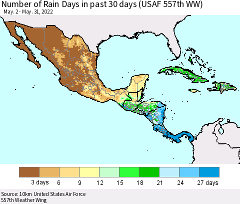 Mexico Central America and the Caribbean Number of Rain Days in past 30 days (USAF 557th WW) 05/31/2022 Thematic Map For 5/26/2022 - 5/31/2022