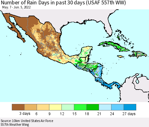 Mexico Central America and the Caribbean Number of Rain Days in past 30 days (USAF 557th WW) 06/05/2022 Thematic Map For 6/1/2022 - 6/5/2022