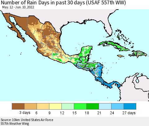 Mexico Central America and the Caribbean Number of Rain Days in past 30 days (USAF 557th WW) 06/10/2022 Thematic Map For 6/6/2022 - 6/10/2022