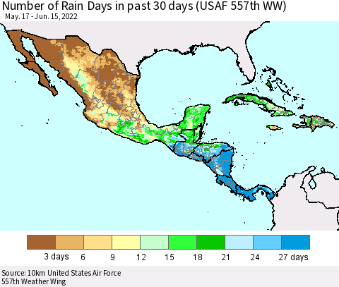 Mexico Central America and the Caribbean Number of Rain Days in past 30 days (USAF 557th WW) 06/15/2022 Thematic Map For 6/11/2022 - 6/15/2022