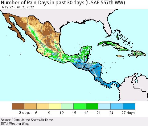Mexico Central America and the Caribbean Number of Rain Days in past 30 days (USAF 557th WW) 06/20/2022 Thematic Map For 6/16/2022 - 6/20/2022