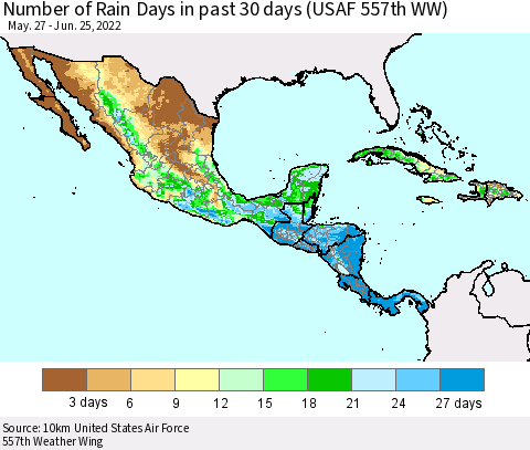 Mexico Central America and the Caribbean Number of Rain Days in past 30 days (USAF 557th WW) 06/25/2022 Thematic Map For 6/21/2022 - 6/25/2022