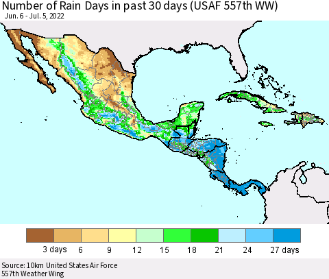 Mexico Central America and the Caribbean Number of Rain Days in past 30 days (USAF 557th WW) 07/05/2022 Thematic Map For 7/1/2022 - 7/5/2022
