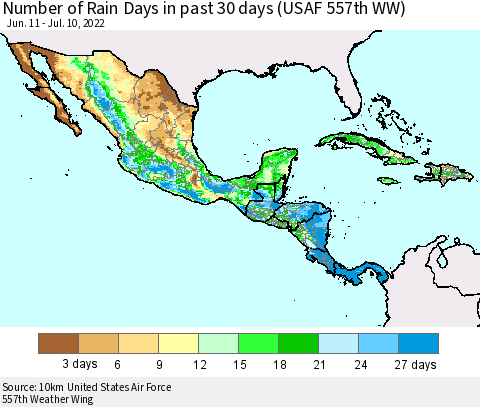 Mexico Central America and the Caribbean Number of Rain Days in past 30 days (USAF 557th WW) 07/10/2022 Thematic Map For 7/6/2022 - 7/10/2022