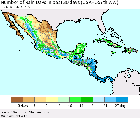 Mexico Central America and the Caribbean Number of Rain Days in past 30 days (USAF 557th WW) 07/15/2022 Thematic Map For 7/11/2022 - 7/15/2022