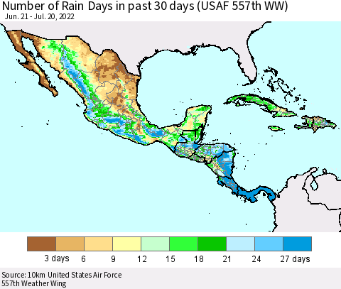 Mexico Central America and the Caribbean Number of Rain Days in past 30 days (USAF 557th WW) 07/20/2022 Thematic Map For 7/16/2022 - 7/20/2022