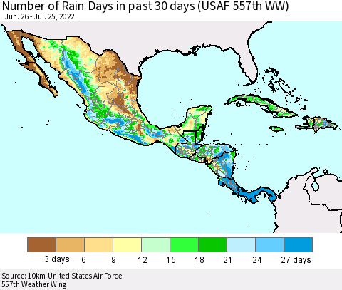 Mexico Central America and the Caribbean Number of Rain Days in past 30 days (USAF 557th WW) 07/25/2022 Thematic Map For 7/21/2022 - 7/25/2022