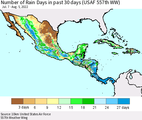 Mexico Central America and the Caribbean Number of Rain Days in past 30 days (USAF 557th WW) 08/05/2022 Thematic Map For 8/1/2022 - 8/5/2022