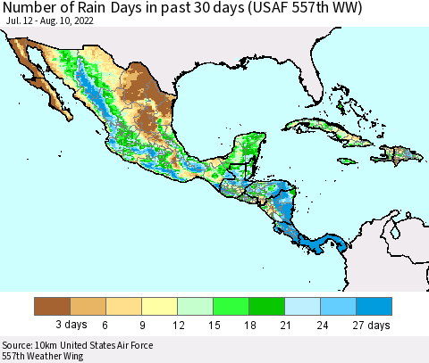 Mexico Central America and the Caribbean Number of Rain Days in past 30 days (USAF 557th WW) 08/10/2022 Thematic Map For 8/6/2022 - 8/10/2022