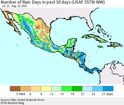 Mexico Central America and the Caribbean Number of Rain Days in past 30 days (USAF 557th WW) 08/20/2022 Thematic Map For 8/16/2022 - 8/20/2022