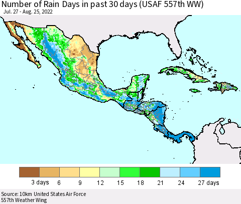 Mexico Central America and the Caribbean Number of Rain Days in past 30 days (USAF 557th WW) 08/25/2022 Thematic Map For 8/21/2022 - 8/25/2022