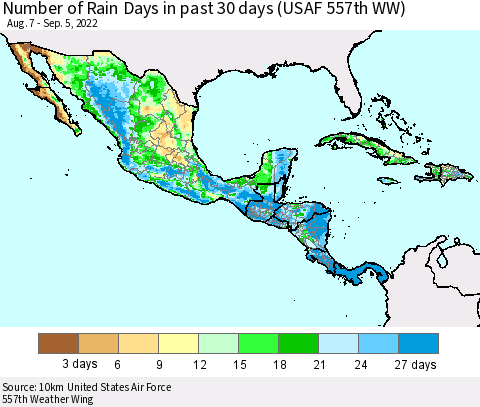 Mexico Central America and the Caribbean Number of Rain Days in past 30 days (USAF 557th WW) 09/05/2022 Thematic Map For 9/1/2022 - 9/5/2022