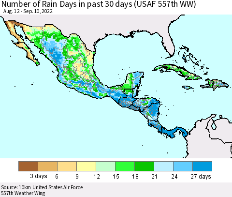 Mexico Central America and the Caribbean Number of Rain Days in past 30 days (USAF 557th WW) 09/10/2022 Thematic Map For 9/6/2022 - 9/10/2022