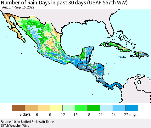 Mexico Central America and the Caribbean Number of Rain Days in past 30 days (USAF 557th WW) 09/15/2022 Thematic Map For 9/11/2022 - 9/15/2022