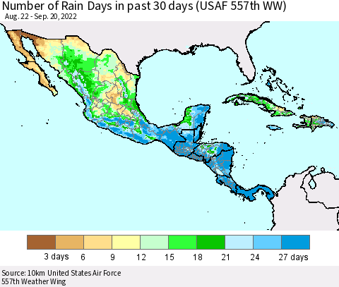 Mexico Central America and the Caribbean Number of Rain Days in past 30 days (USAF 557th WW) 09/20/2022 Thematic Map For 9/16/2022 - 9/20/2022