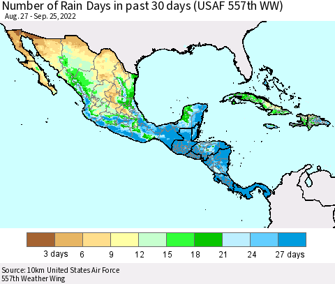 Mexico Central America and the Caribbean Number of Rain Days in past 30 days (USAF 557th WW) 09/25/2022 Thematic Map For 9/21/2022 - 9/25/2022