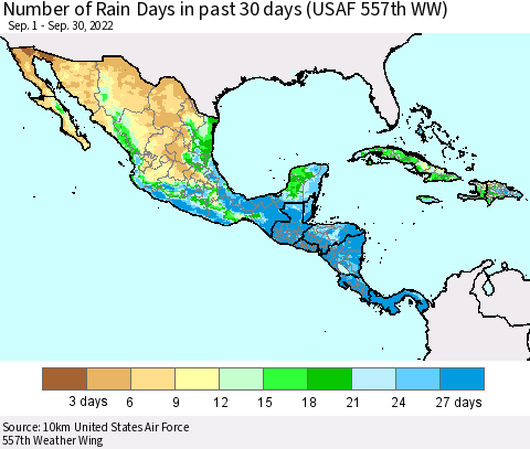 Mexico Central America and the Caribbean Number of Rain Days in past 30 days (USAF 557th WW) 09/30/2022 Thematic Map For 9/26/2022 - 9/30/2022