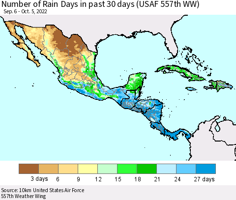 Mexico Central America and the Caribbean Number of Rain Days in past 30 days (USAF 557th WW) 10/05/2022 Thematic Map For 10/1/2022 - 10/5/2022