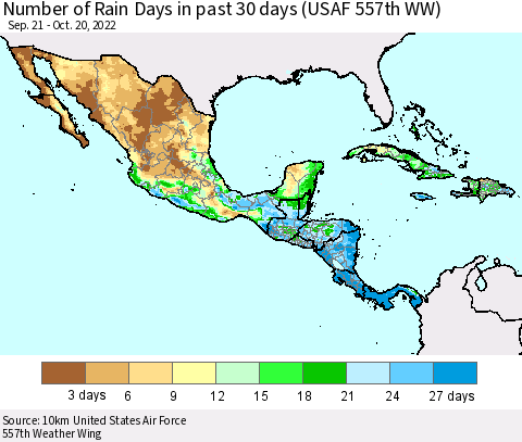 Mexico Central America and the Caribbean Number of Rain Days in past 30 days (USAF 557th WW) 10/20/2022 Thematic Map For 10/16/2022 - 10/20/2022