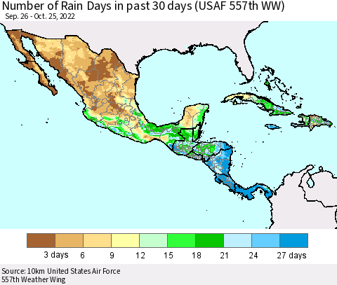 Mexico Central America and the Caribbean Number of Rain Days in past 30 days (USAF 557th WW) 10/25/2022 Thematic Map For 10/21/2022 - 10/25/2022