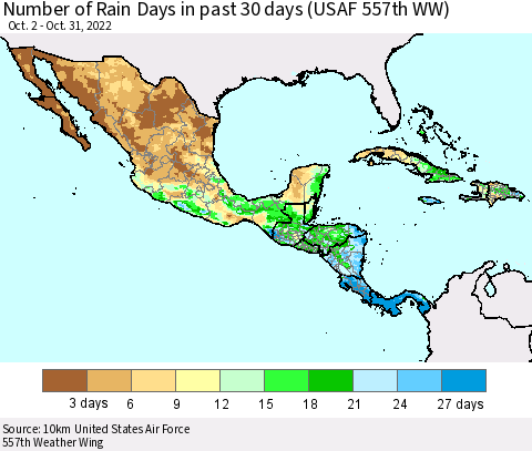 Mexico Central America and the Caribbean Number of Rain Days in past 30 days (USAF 557th WW) 10/31/2022 Thematic Map For 10/26/2022 - 10/31/2022