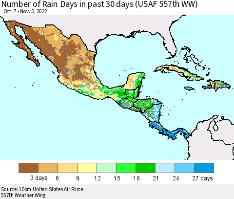 Mexico Central America and the Caribbean Number of Rain Days in past 30 days (USAF 557th WW) 11/05/2022 Thematic Map For 11/1/2022 - 11/5/2022