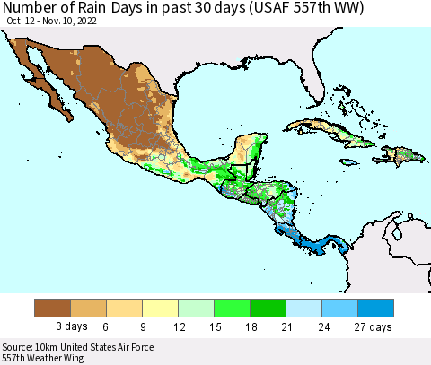 Mexico Central America and the Caribbean Number of Rain Days in past 30 days (USAF 557th WW) 11/10/2022 Thematic Map For 11/6/2022 - 11/10/2022