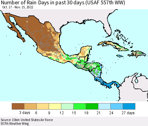 Mexico Central America and the Caribbean Number of Rain Days in past 30 days (USAF 557th WW) 11/15/2022 Thematic Map For 11/11/2022 - 11/15/2022