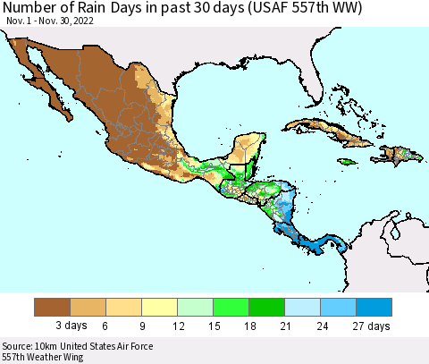 Mexico Central America and the Caribbean Number of Rain Days in past 30 days (USAF 557th WW) 11/30/2022 Thematic Map For 11/26/2022 - 11/30/2022