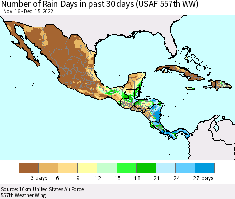 Mexico Central America and the Caribbean Number of Rain Days in past 30 days (USAF 557th WW) 12/15/2022 Thematic Map For 12/11/2022 - 12/15/2022