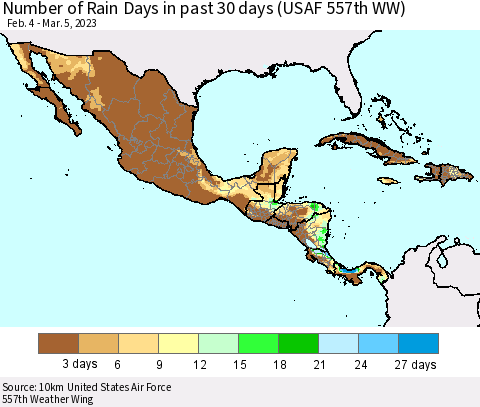Mexico Central America and the Caribbean Number of Rain Days in past 30 days (USAF 557th WW) 03/05/2023 Thematic Map For 3/1/2023 - 3/5/2023