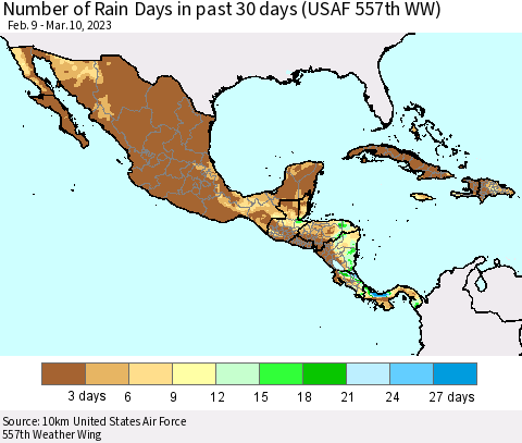 Mexico Central America and the Caribbean Number of Rain Days in past 30 days (USAF 557th WW) 03/10/2023 Thematic Map For 3/6/2023 - 3/10/2023
