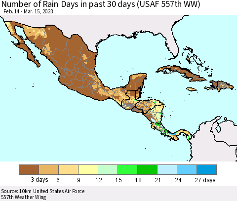 Mexico Central America and the Caribbean Number of Rain Days in past 30 days (USAF 557th WW) 03/15/2023 Thematic Map For 3/11/2023 - 3/15/2023