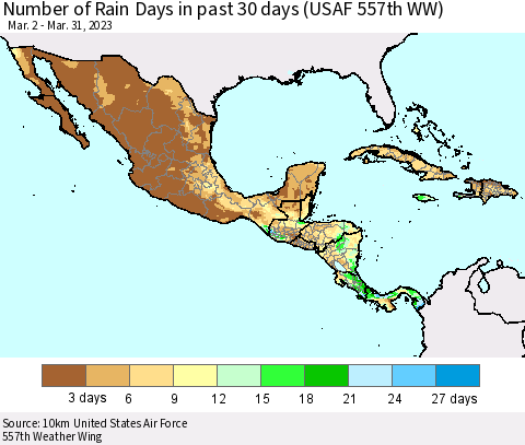 Mexico Central America and the Caribbean Number of Rain Days in past 30 days (USAF 557th WW) 03/31/2023 Thematic Map For 3/26/2023 - 3/31/2023