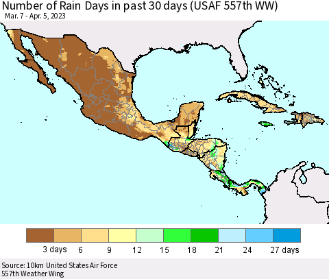 Mexico Central America and the Caribbean Number of Rain Days in past 30 days (USAF 557th WW) 04/05/2023 Thematic Map For 4/1/2023 - 4/5/2023
